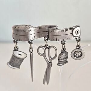 J Jonet Vintage Brooch Women's Pewter Sewing Thread Scissors Thimble Needle